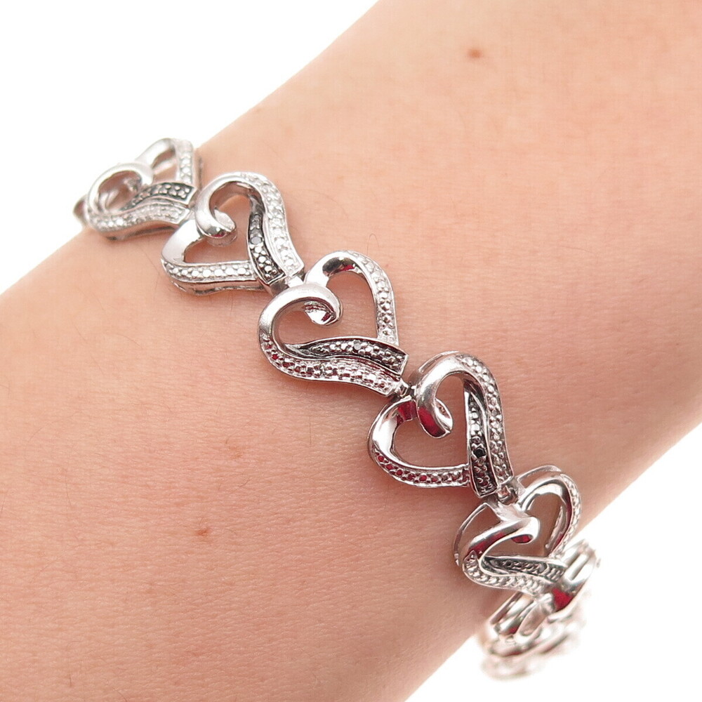 925 Sterling Silver Real Black & White Diamond Heart Link Bracelet 7.25"